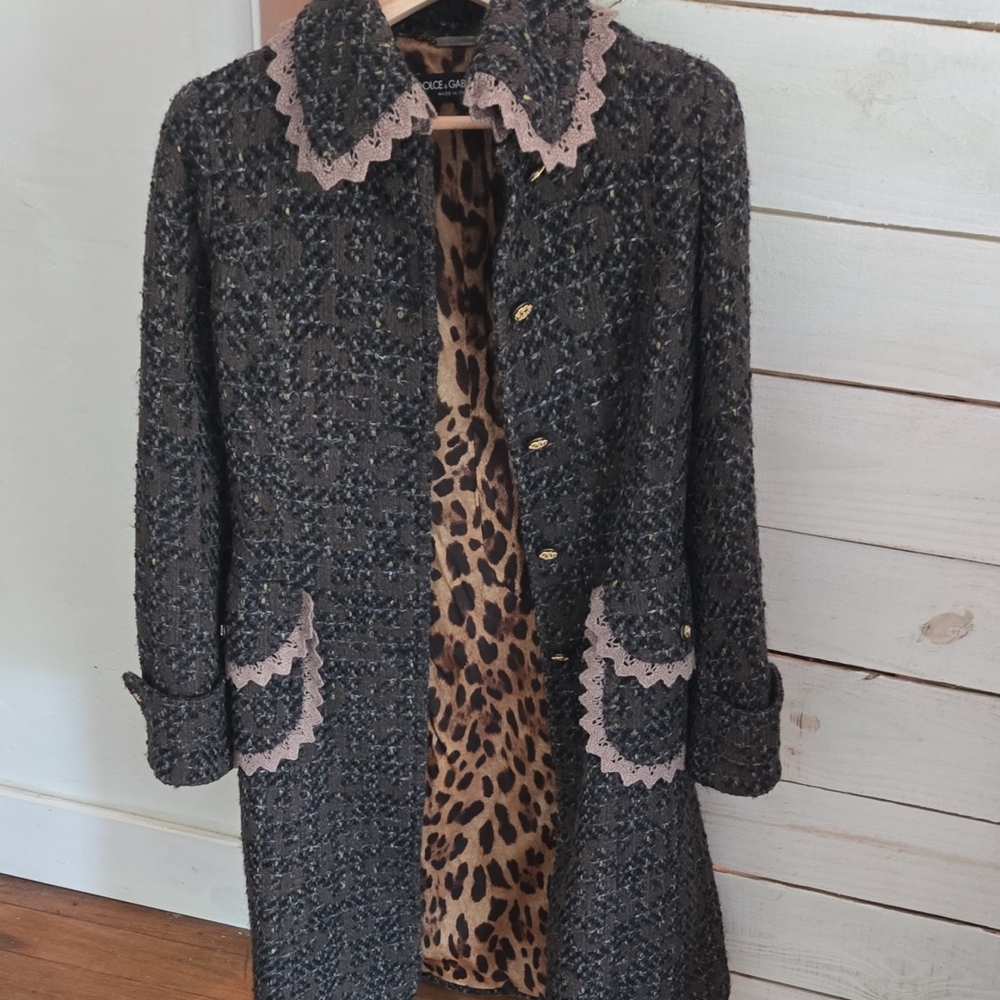 Dolce & Gabbana Black Tweed Coat with Pink Lace